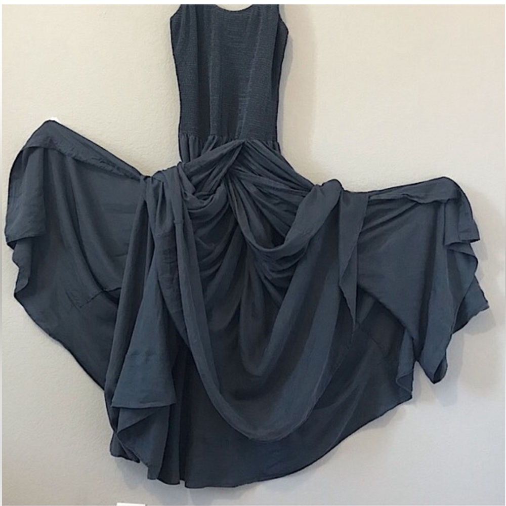 Gunmetal blue elegant silk dress full skirt with smocked tank style top. NWOT